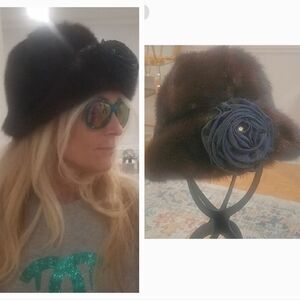 Vintage Mink Fur Fancy Bucket Hat With Flower & Rhinestone